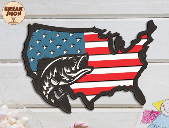 Largemouth Bass Map American Flag Sign for Wall Decor and Laser Cutting