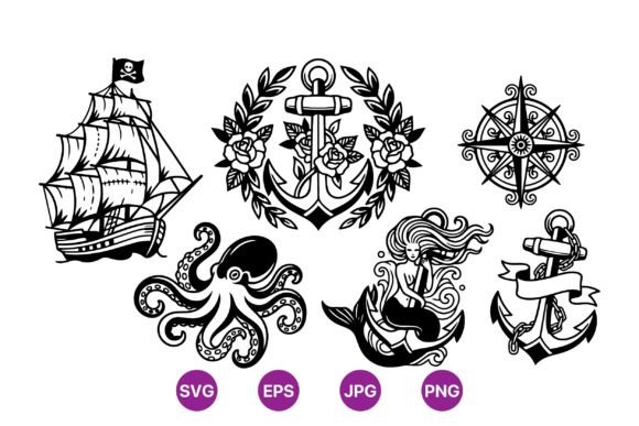 Nautical Vintage Tattoo Designs - Classic Graphics for Editorial Use